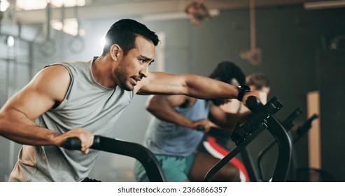 People, diversity and cycling at gym in workout, exercise or intense cardio fitness together and motivation. Diverse group burning sweat on bicycle machine for healthy body, wellness or lose weight - Powered by Shutterstock