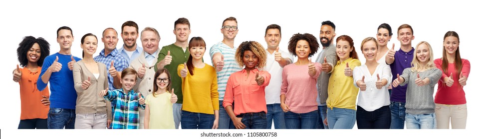people, diversity and international concept - group of men, women and kid showing thumbs up over white background