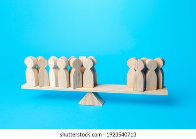 People are divided into two unequal groups on the scales. Concept of democracy and statistical surveys. Political process, democratic elections. Difference in opinions polls. Majority versus minority. - Shutterstock ID 1923540713