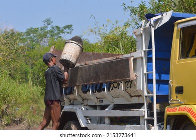 People Do Sand Mining In The River Traditionally. Tegal, Central Java, Indonesia 6 May 2022.