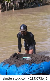 People Do Sand Mining In The River Traditionally. Tegal, Central Java, Indonesia 6 May 2022.