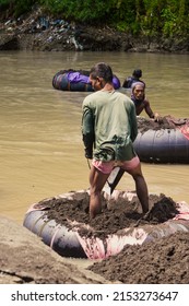 People Do Sand Mining In The River Traditionally. Tegal, Central Java, Indonesia 6 May 2022.