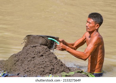 People Do Sand Mining In The River Traditionally. Tegal, Central Java, Indonesia 6 May 2022.