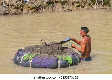 People Do Sand Mining In The River Traditionally. Tegal, Central Java, Indonesia 6 May 2022.