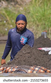 People Do Sand Mining In The River Traditionally. Tegal, Central Java, Indonesia 6 May 2022.