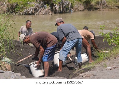 People Do Sand Mining In The River Traditionally. Tegal, Central Java, Indonesia 6 May 2022.