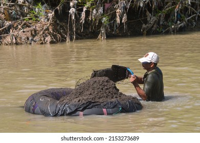 People Do Sand Mining In The River Traditionally. Tegal, Central Java, Indonesia 6 May 2022.