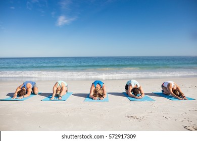 People Doing Yoga On The Beach On A Sunny Day