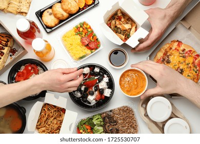 People Eat Takeaway. Food Delivery. Tasty Food On White Table