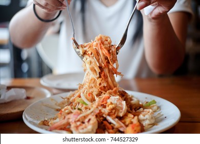 People Eating Pad Thai Noodles, Thai Food