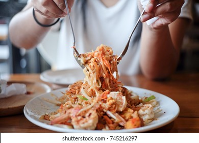 People Eating Pad Thai Noodles, Thai Food