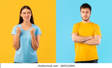 People Emotions Concept. Portrait Of Angry Mad Woman And Offended Young Casual Man With Folded Arms Standing Isolated Over Blue And Yellow Studio Background. Relationship Problems, Conflict