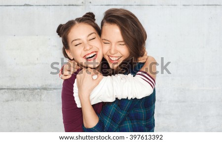 Image, Stock Photo smiling girls best friends lying on beach while looking camera