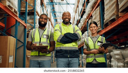 People, employees and happy in warehouse on portrait for manufacturing with teamwork. Business, coworking and smile with clipboard or tablet at wholesale for package, supply chain and delivery