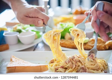 People Enjoy Eat Spaghetti Together Big Stock Photo 1287594481 ...