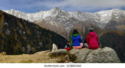 People Enjoying the View at Triund, Laka, Indrahar Pass Trail, Dauladhar Range, Himachal Pradesh, India