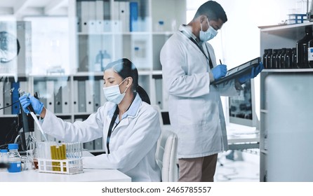 People, face mask and science or research team, medical laboratory and innovation or healthcare employee. Vaccine, pharmaceutical study and chemical experiment, test tube and scientists with lab coat - Powered by Shutterstock