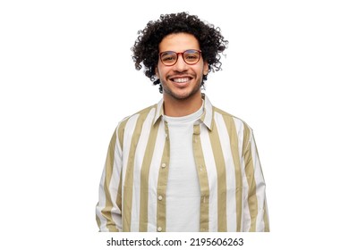 people and fashion concept - happy smiling man in glasses and striped shirt over white background - Powered by Shutterstock