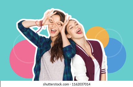 people, fashion and friendship concept - magazine style collage of happy teenage girls having fun and making faces over colorful background