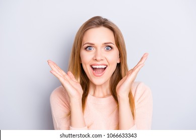 People feelings person good news secret rumor shopping gossip joy fun enjoy concept. Close up portrait of cheerful cute joyful surprised funky girl with long hairdo isolated on gray background