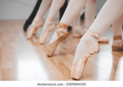 People, feet and ballet dancers with toes on floor for lesson or class in row, line or studio. Closeup of female person or ballerina group with shoes, legs or foot pointing in performance or training - Powered by Shutterstock