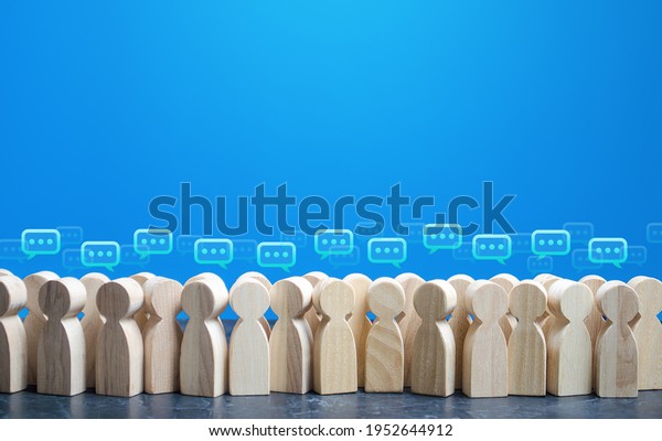 People figures with comment clouds above their\
heads. Social communication. Information exchange. Rumors and\
gossip. Talk and chat. Discussion and dialogue. Public opinion\
poll. Dispute settling