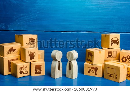People figures conducting business negotiations and boxes. Trade goods and services, business process. Barter. Economy. Production and retail of products. Transportation, logistics and distribution.