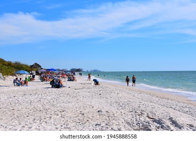 People Fill Barefoot Beach During Covid On March 8, 2021. Bonita Springs, FL