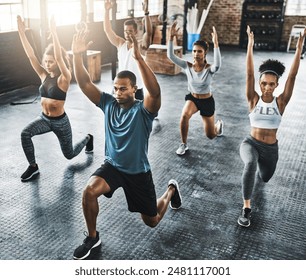 People, fitness and lunge in group at gym for workout, core exercise or training together indoors. Diverse class, friends or warm up for ab muscle, session and sport for health challenge in gymnasium - Powered by Shutterstock