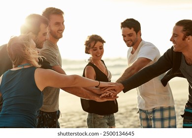 People, friends and hands together for team building by beach on travel, vacation or break. Group, relax and solidarity for fun in summer picnic, wellness and outdoor adventure at ocean in Greece - Powered by Shutterstock