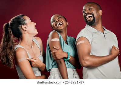 People, friends and happy in studio background with plaster for vaccination and protection. Diversity, smile and satisfied for healthcare with bandage for virus immunity, treatment and prevention - Powered by Shutterstock