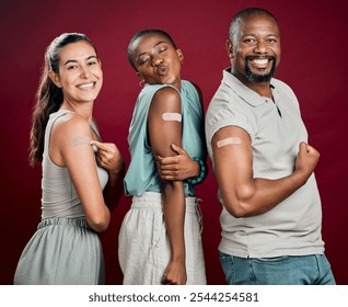 People, friends and vaccine in studio background with plaster for safety and protection. Diversity, happy and satisfied for healthcare on portrait with bandage for virus immunity and prevention - Powered by Shutterstock