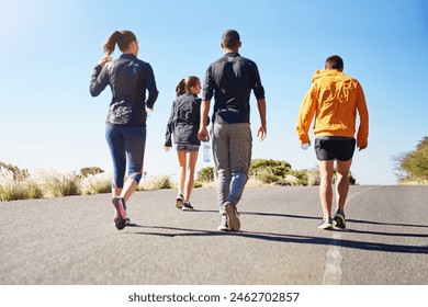 People, friends and walking exercise as group or running community for club sports, hiking or nature. Men, women and back for healthy cardio in California for outdoor training, workout or athlete - Powered by Shutterstock