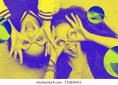 People And Friendship Concept - Happy Teenage Girls Having Fun And Making Faces, Trendy Duotone Effect