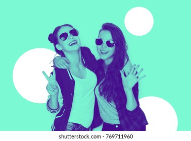 people, friendship and fashion concept - happy laughing teenage girls in sunglasses having fun and showing peace hand sign, trendy duotone effect