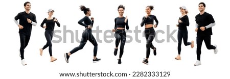 People are a lot of full-length running full-length in fitness clothes and sneakers, isolated white background.