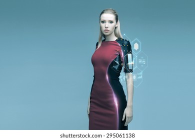 People, Future Technology And Science Concept - Beautiful Futuristic Woman With Virtual Projection Over Gray Background