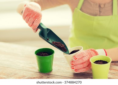 people, gardening, seeding and profession concept - close up of woman hands with trowel burying seeds in soil - Powered by Shutterstock