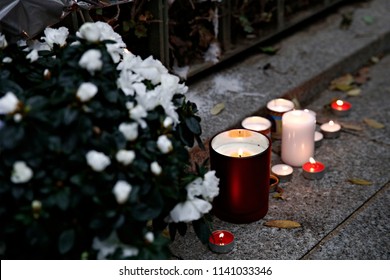 People Gather And Lay Flowers To The Victims Of The Attack On The Bataclan Concert Venue In Which 90 People Were Killed On November 13, 2015, Outside The Bataclan In Paris On November 14, 2016 