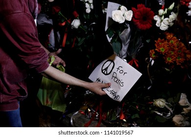 People Gather And Pay Their Respects To The Victims Of The Attack On The Bataclan Concert Venue  Outside The French Embassy In Athens, Greece On November 14, 2015