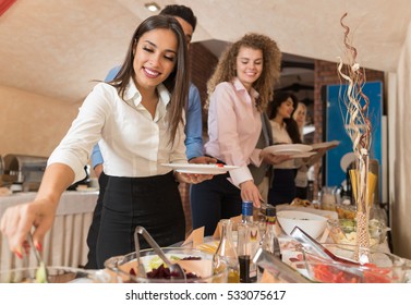 People Group Catering Buffet Food Restaurant Table, Business Banquet At Company Event Celebration