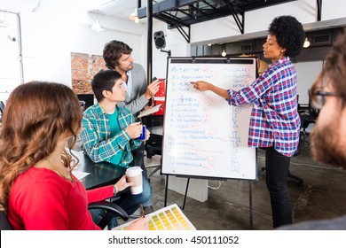 People Group Discussing New Project Woman Whiteboard Start Up Presentation With Team Colleagues In Office, Businesspeople Mix Race Casual Wear Brainstorming Flipchart