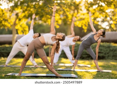 People group in park practicing yoga outdoor. Active pastime together, performing gymnastic exercise. Yoga lesson visitors and coach do triangle asana. People practice sports during yoga in nature - Powered by Shutterstock