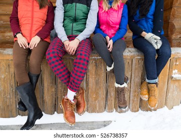 People Group Sitting On Terrace Wooden Country House Winter Snow Resort Cottage Friends On Vacation