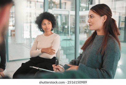 People, group and talking for counseling, support and mental health with therapy, empathy and listening. Women, meeting and communication for help, anxiety and depression with psychology and healing - Powered by Shutterstock