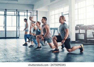 People, gym and lunges for wellness workout together, group and health club training for leg strength. Strong body, balance and exercise determination with posture, collaboration and challenge - Powered by Shutterstock