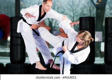 People In A Gym In Martial Arts Training Exercising Taekwondo, Both Have A Black Belt