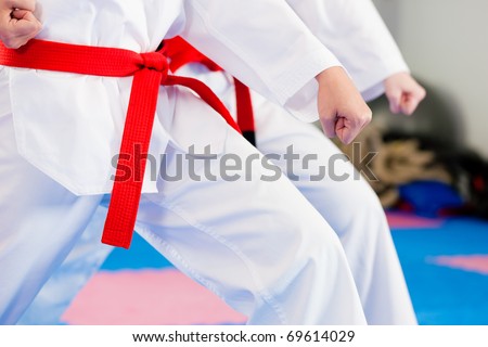 People in a gym in martial arts training exercising Taekwondo