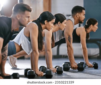 People in gym, plank with dumbbell and exercise, fitness class for muscle training and bodybuilding. Strong, men and women workout together, challenge and motivation with bodybuilder group and power - Powered by Shutterstock