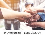 People hand assemble as connection meeting teamwork concept. Group of people colleague assembly hands as business or work achievement. Positive comminity celebrate victory. Teamwork unity concept.